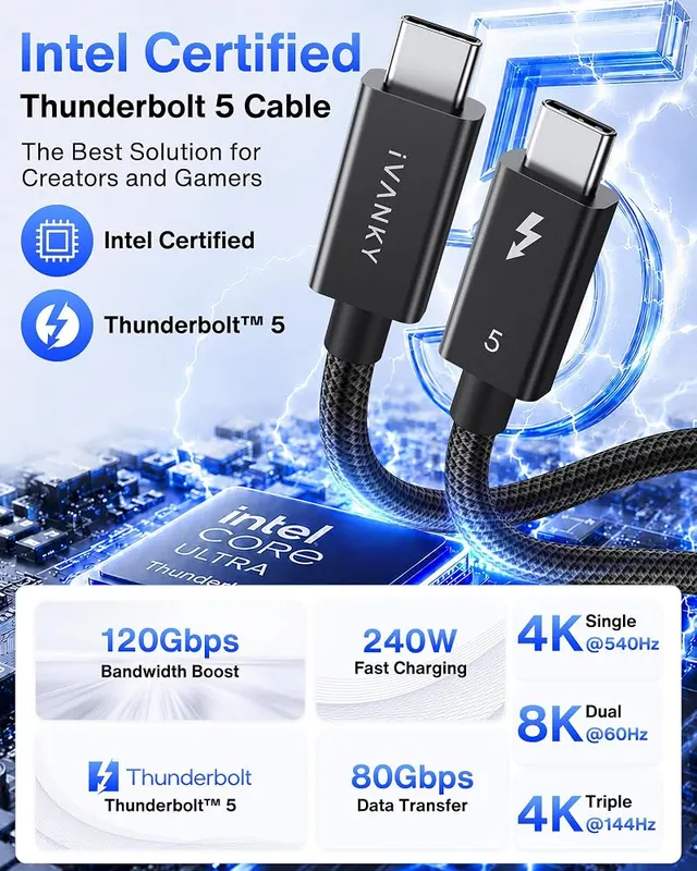 IVANKY Intel Certified Thunderbolt 5 Cable 3.3ft – Intel certified Thunderbolt 5 cable