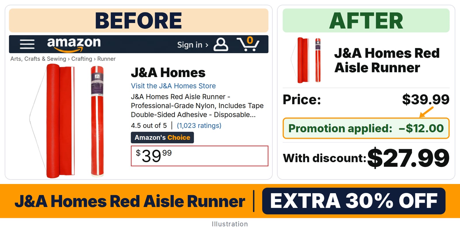 J&A Homes Red Aisle Runner deal: before and after – promo code 8ONRVT3B, 30% off on Amazon