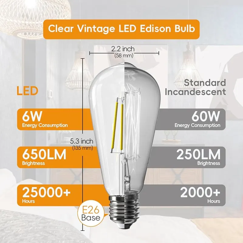 Jensense Edison Bulbs E26 LED Bulb 60 6watt-8 – Retro Style Edison Bulbs