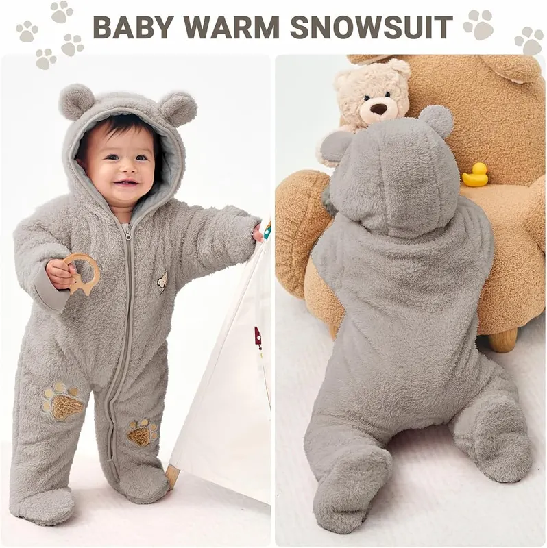 JiAmy Newborn Baby Snowsuit – Soft flannel with bear-ear hood