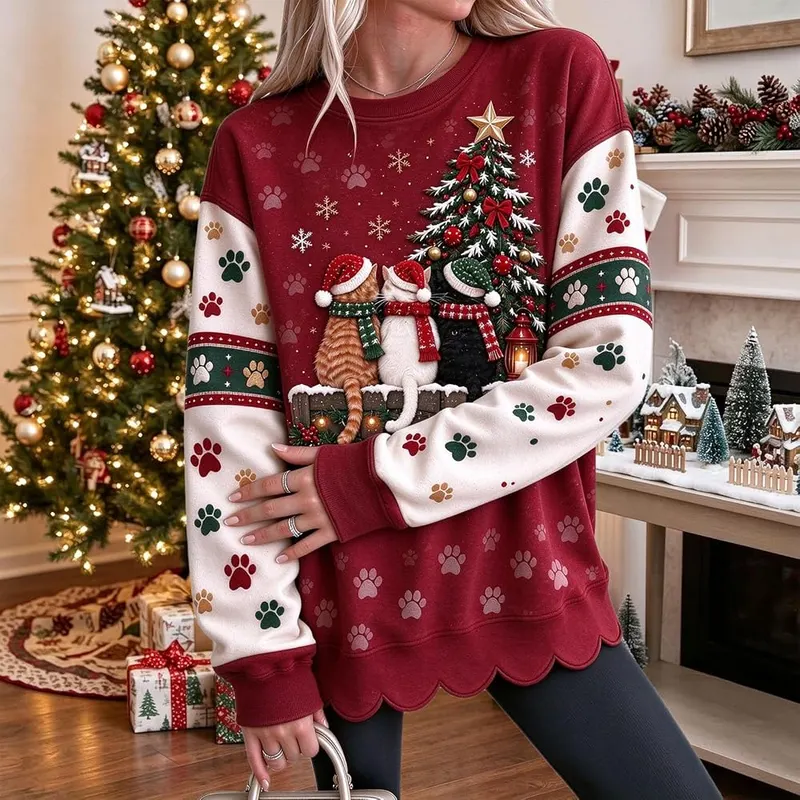 Jielayou Christmas Sweatshirt A01-wine – Charming cat and tree holiday graphic