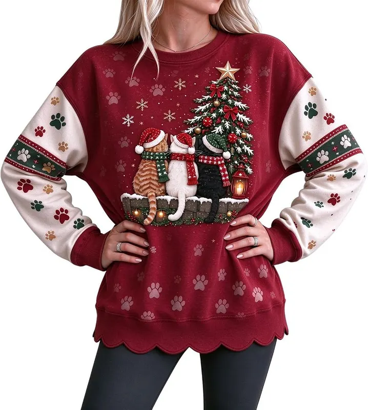 Jielayou Christmas Sweatshirt A01-wine – Flat knitted color blocked lower band