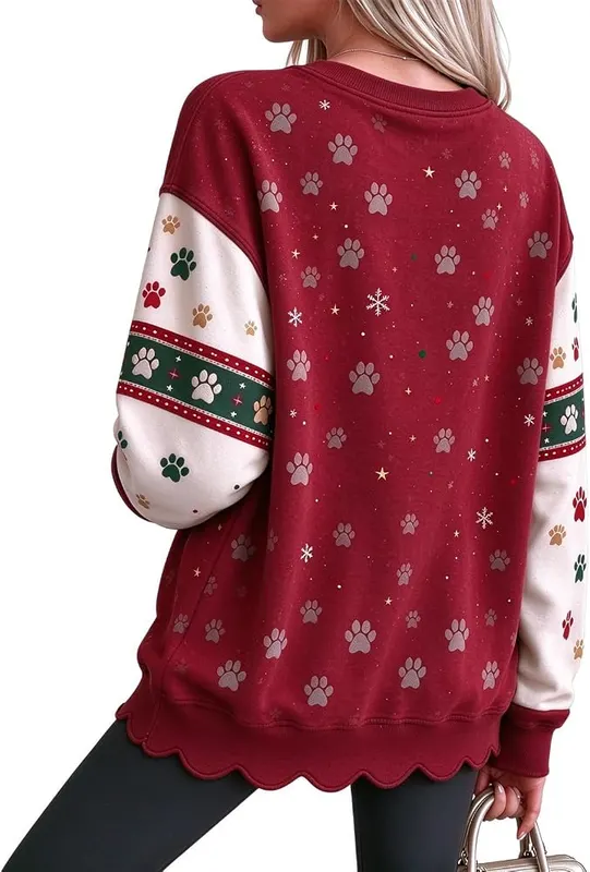 Jielayou Christmas Sweatshirt A01-wine – Softly curved scalloped hem design