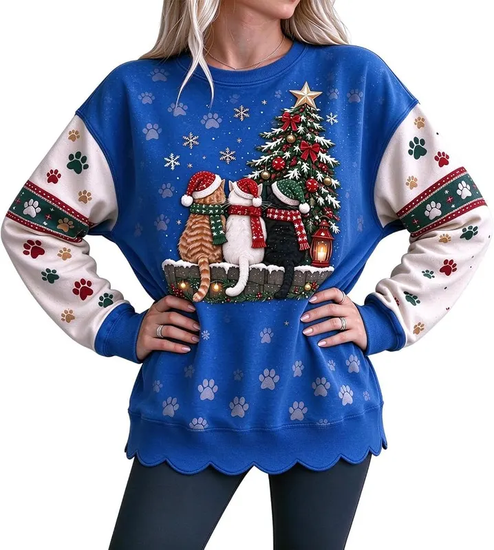 Jielayou Christmas Sweatshirt A04-blue Large – Cat And Tree Scene Across The Chest