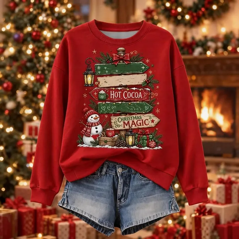 Jielayou Christmas Sweatshirt A08-light Blue – festive row of decorated trees