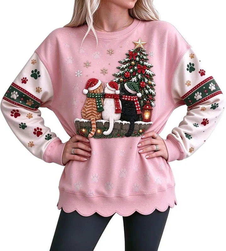 Jielayou Christmas Sweatshirt A08-light Pink – Cat And Tree Scene Across The Chest