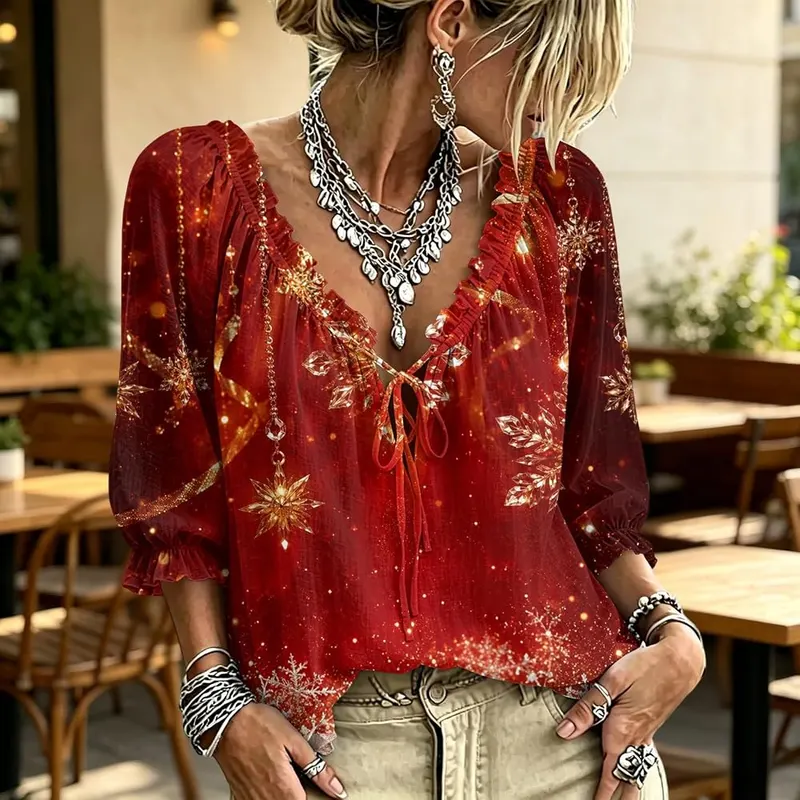 Jielayou Christmas Tops A08-red – Scattered snowflake holiday print