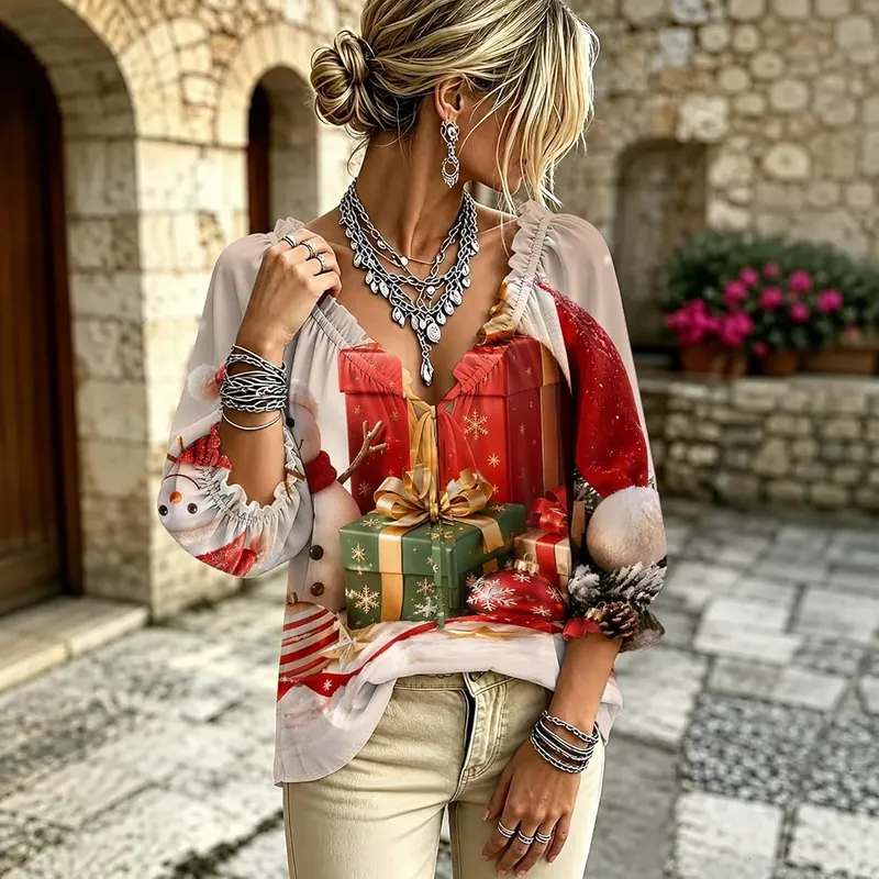 Jielayou Christmas Tops A09-wine – eye catching 3/4 puff sleeves