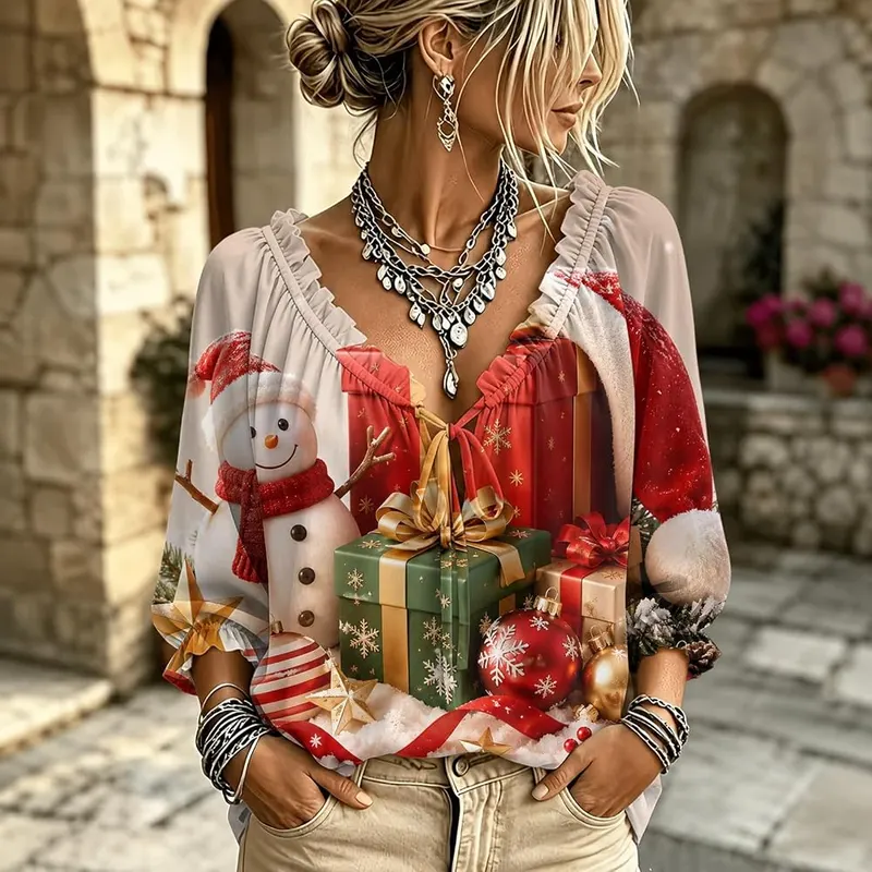 Jielayou Christmas Tops A09-wine Large – Stylish three quarter puff sleeves