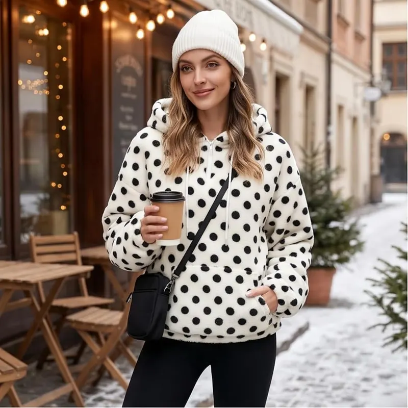 Jielayou Half Zip Pullover Women Polka Dot A08-white – Saturday Movie Night On The Sofa