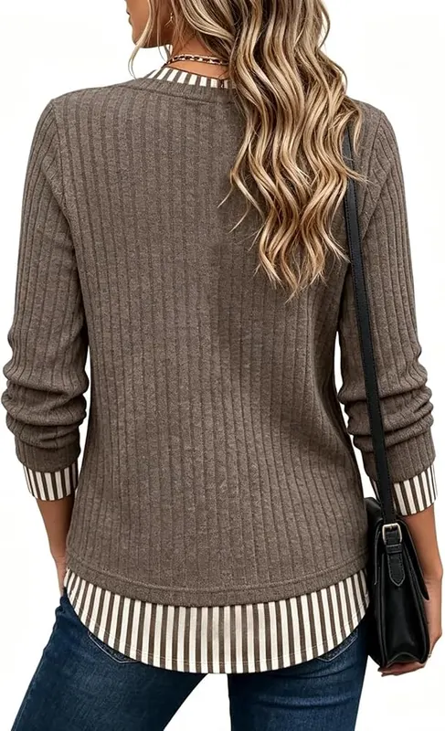 Jielayou Knit Sweater A01-camel – Vertical ribbed knit body