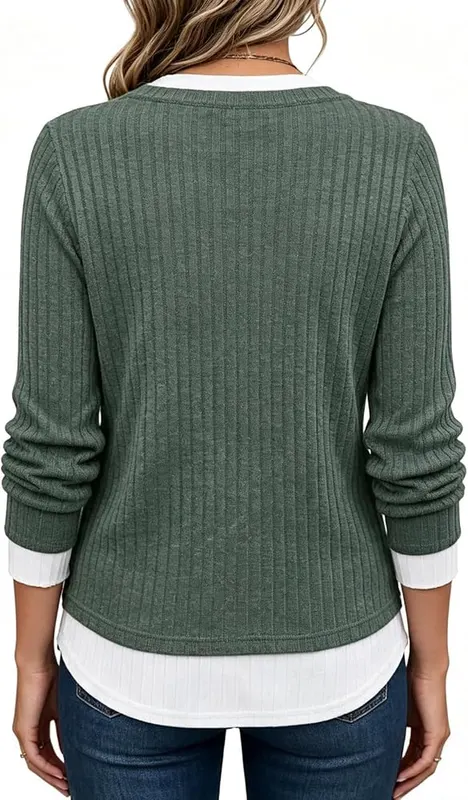 Jielayou Knit Sweaters A05-dark Green – Vertical ribbed main body knit