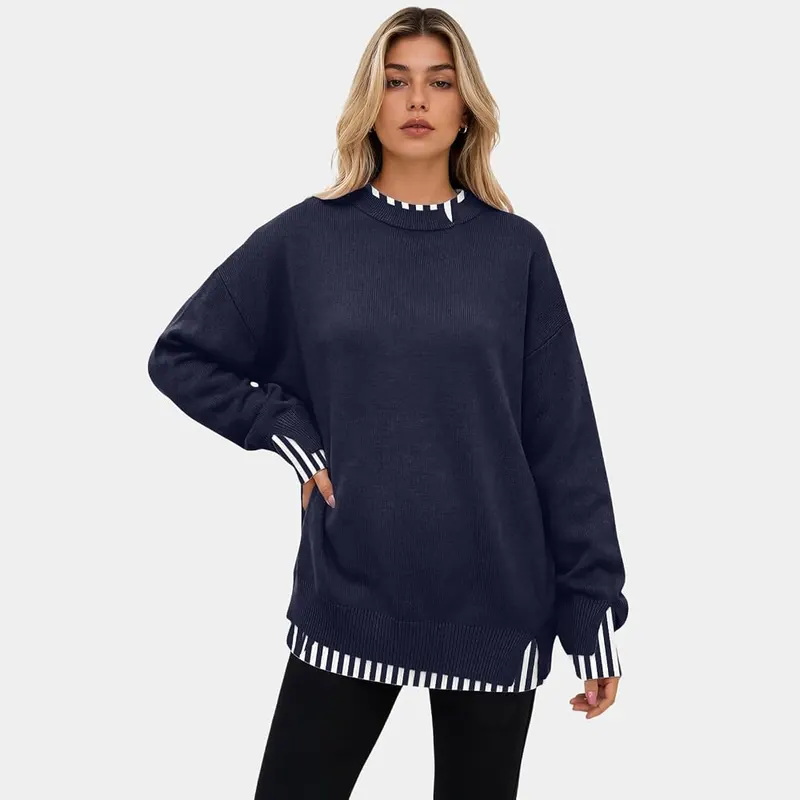 Jielayou Layered Sweaters A04-royal Blue – Striped Trim At The Cuff And Hem