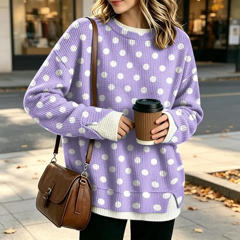 Jielayou Layered Sweatshirt A05-purple Large – Charming waffle knit texture throughout