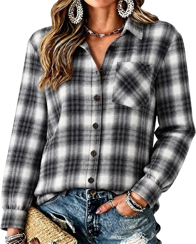 Jielayou Plaid Button Down Shirts A14-white in A14-white