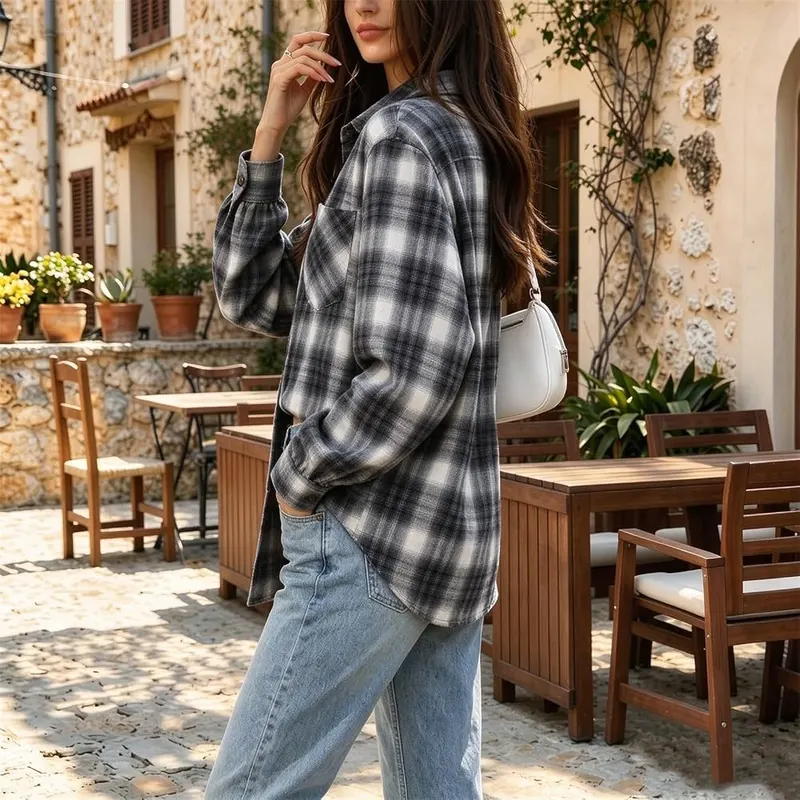 Jielayou Plaid Button Down Shirts A14-white Small – product photo 4 of 7
