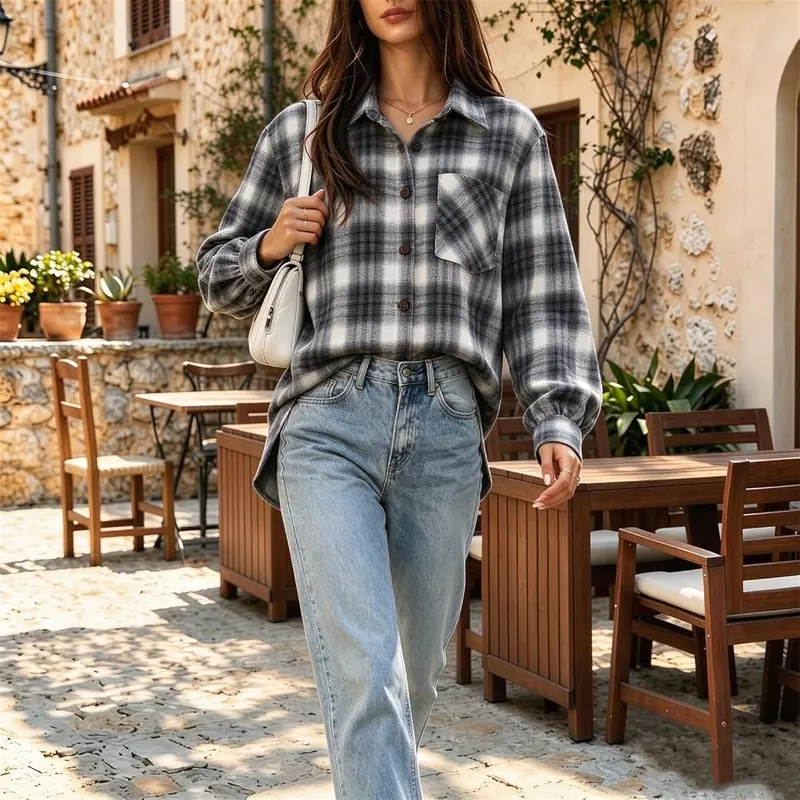 Jielayou Plaid Button Down Shirts A14-white Small – product photo 5 of 7