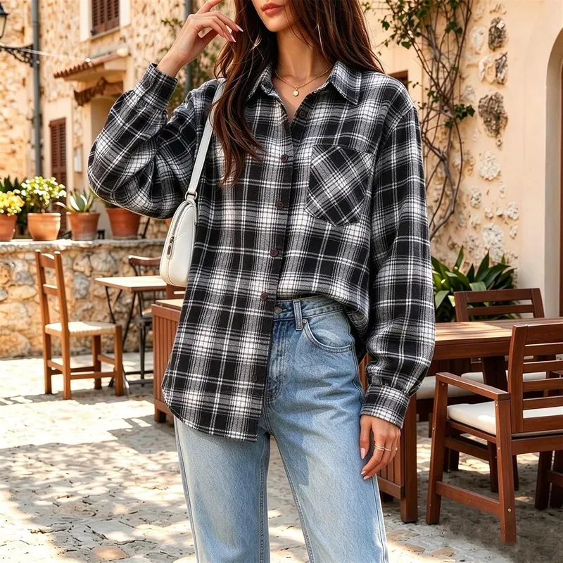 Jielayou Plaid Shirts A02-black – Button Front And Pointed Collar