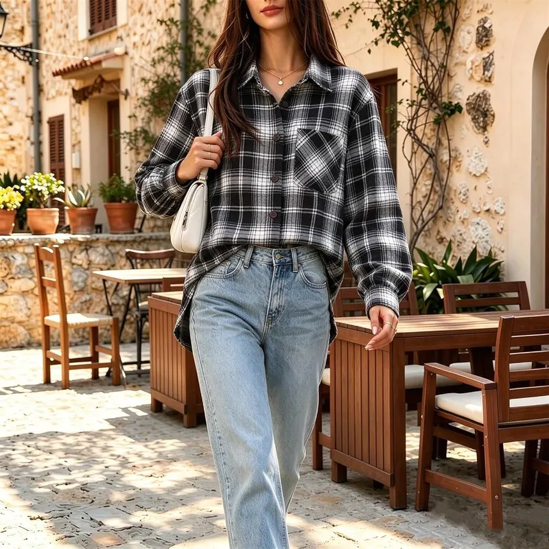 Jielayou Plaid Shirts A02-black – Curved Hem And Roomy Chest Cut
