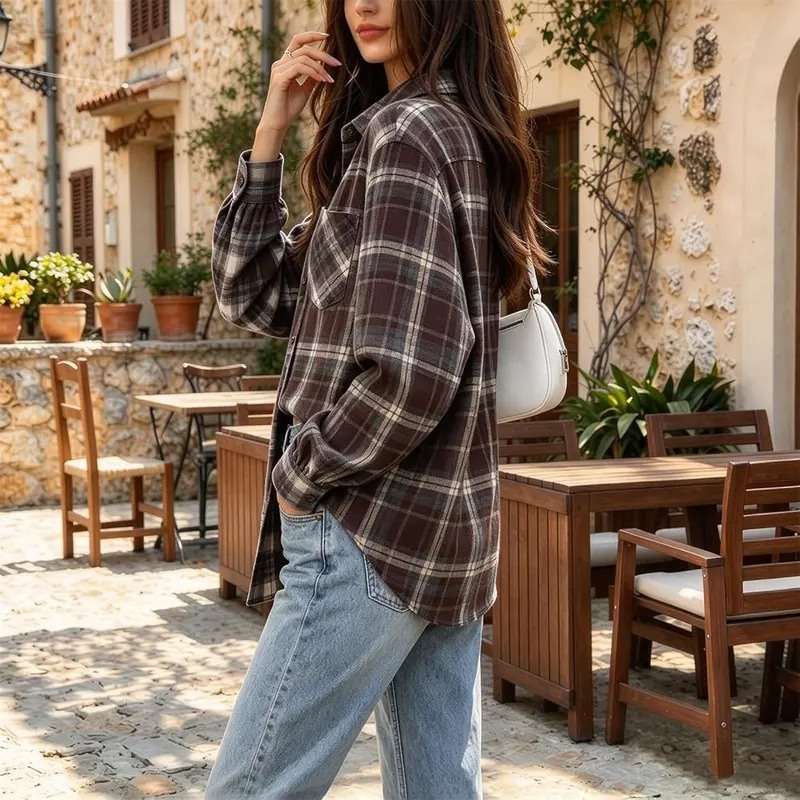Jielayou Plaid Shirts A05-coffee – Curved Hem And Roomy Chest Cut