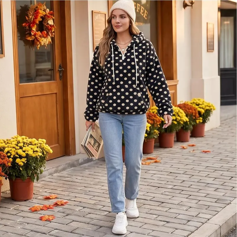 Jielayou Quarter Zip Pullover Women Polka Dot A03-black Large – Kangaroo Pocket Across The Lower Front
