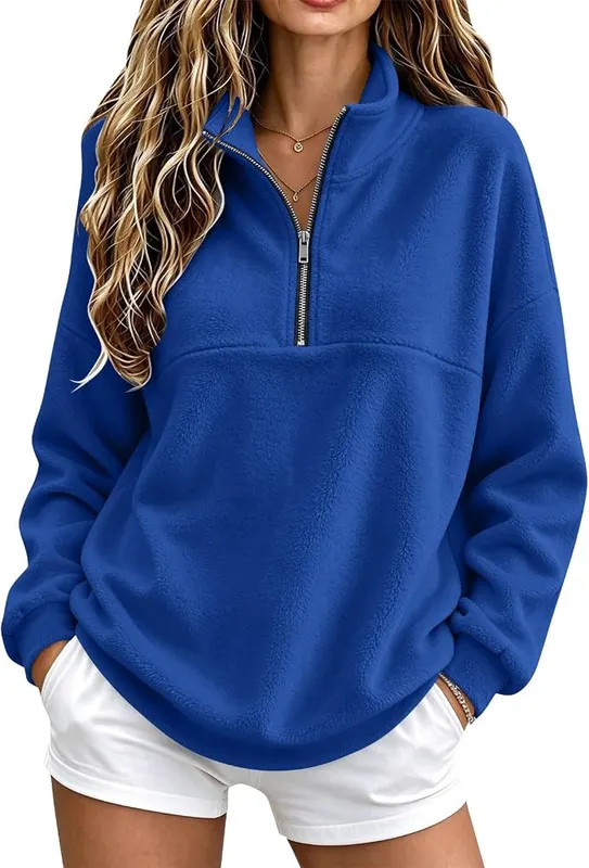Jielayou Women 1/4 Zip Pullover Flannel Mock A09-royal Blue in A09-royal Blue