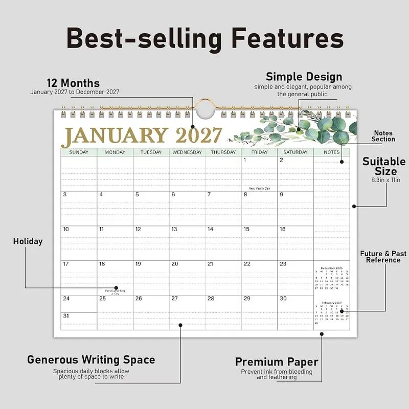 JKFOI 2027 Olive Branch Wall Calendar – Thick 120gsm paper reduces ink bleed