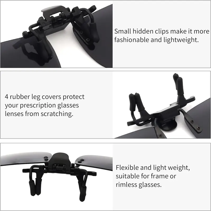JM Polarized Clip on Sunglasses Frameless Flip – Rubber Clips - The clip is made