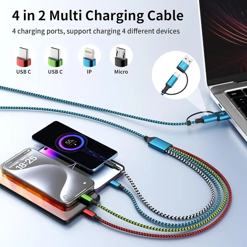 Jogrytece 4 in 2 Multi Charging Cable Green&Red&Blue&White – Two-pack of five foot cables