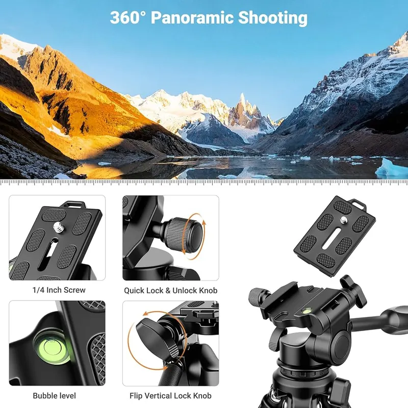 JOILCAN 66″ Travel Tripod – Precision 3-Way Pan Head