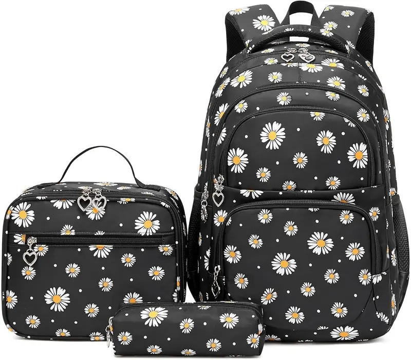 Joyfulife Daisy Print School Backpack in Black