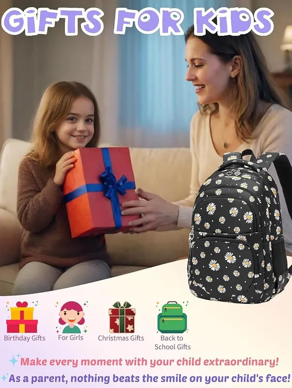 Joyfulife Daisy Print School Backpack – Black base color