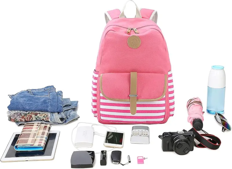 Joyfulife School Backpack Pink 3pcs – Lightweight stripe canvas bag