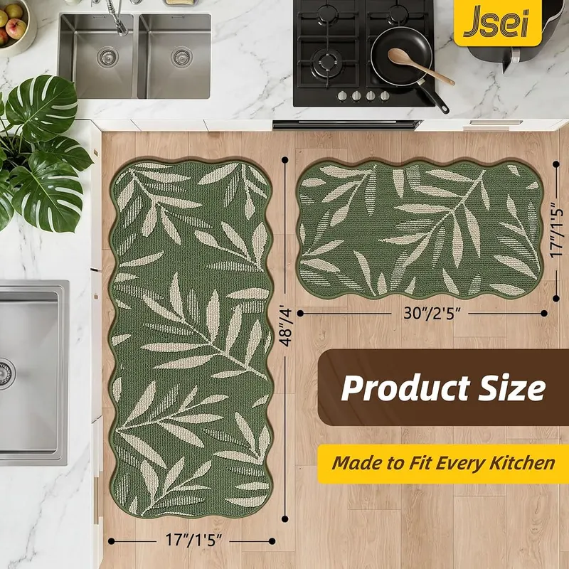 JSEI 3D Leaf Scalloped Kitchen Rugs – 3D raised leaf pattern