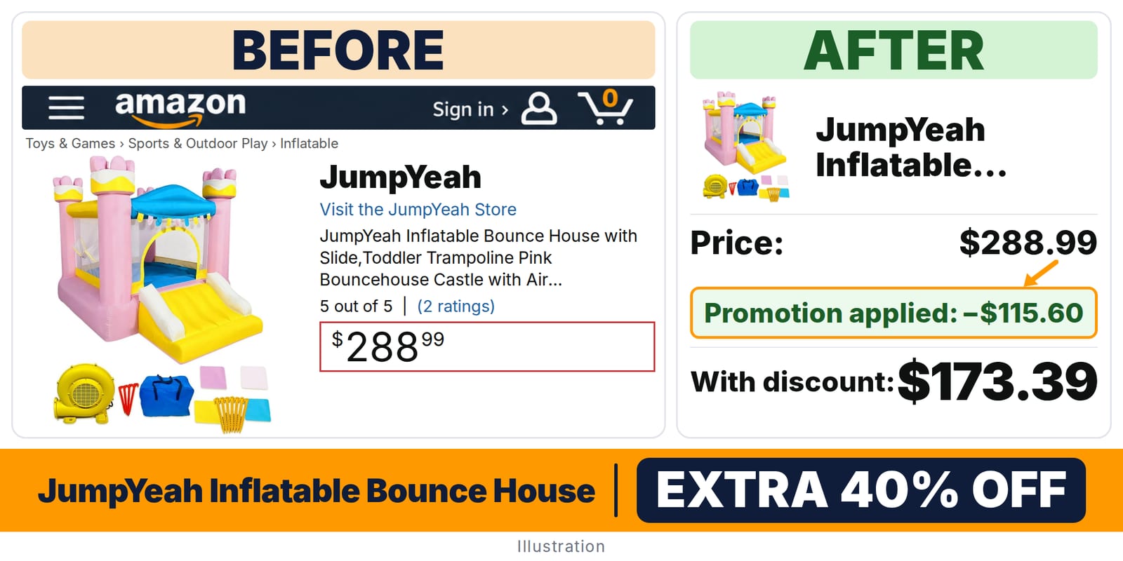 JumpYeah Inflatable Bounce House deal: before and after – promo code 03SOAE2G, 40% off on Amazon