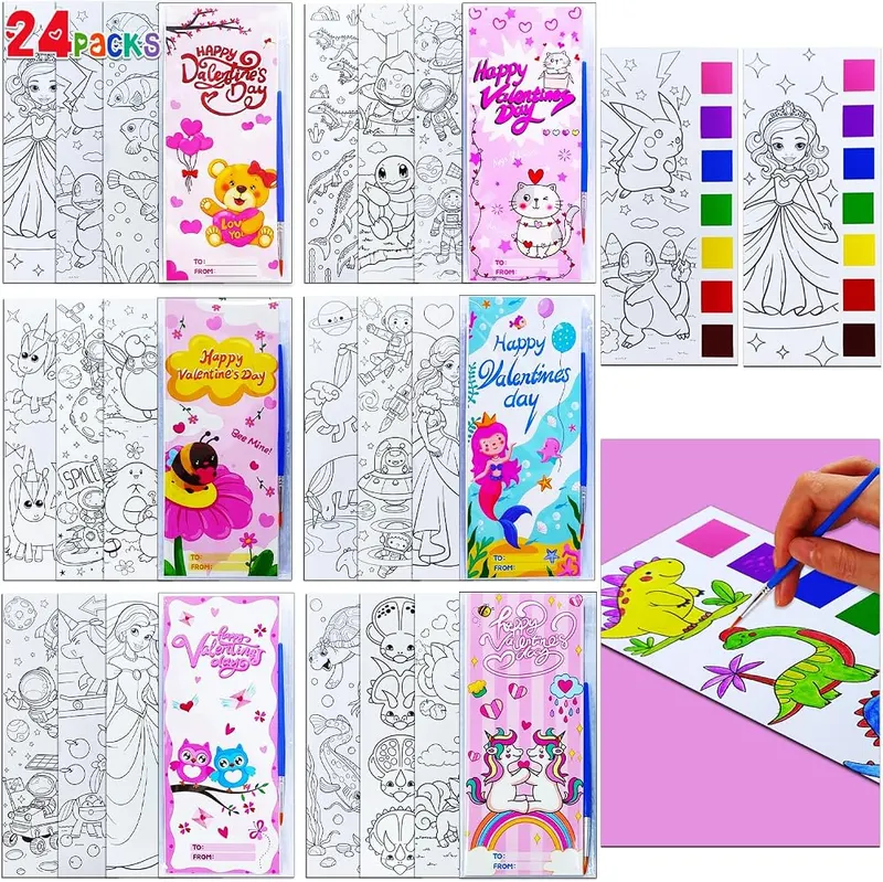 JUNQIU 24 Pack Valentines Day Cards in Watercolor Coloring Book