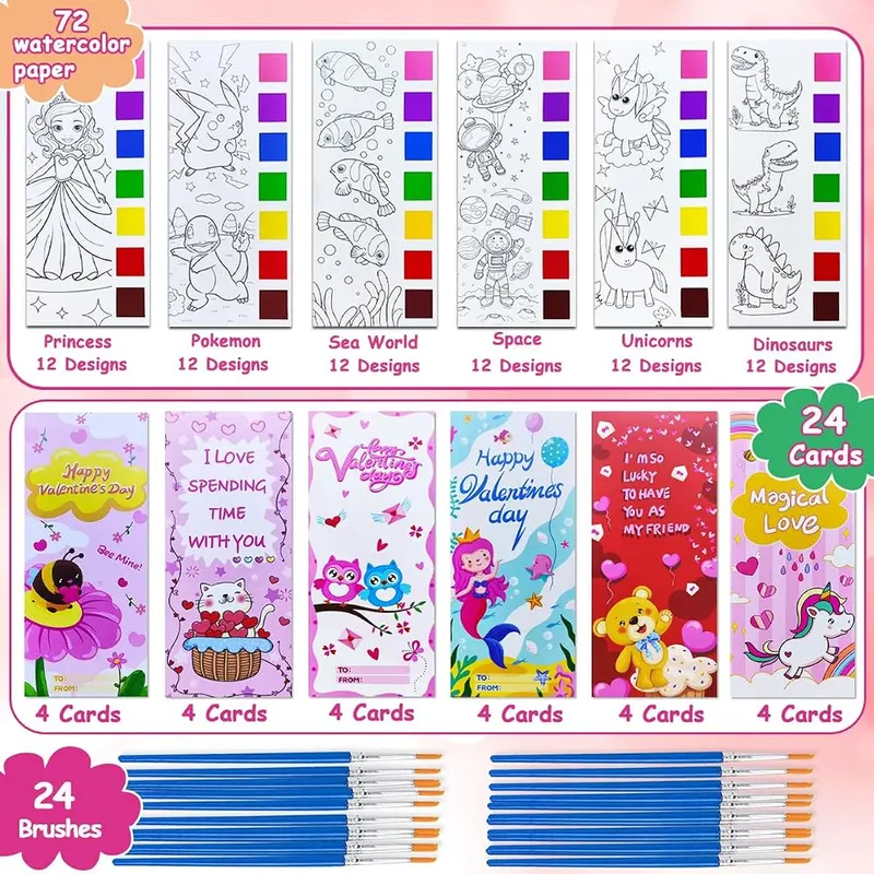 JUNQIU 24 Pack Valentines Day Cards – 24 Valentine's cards with watercolor books