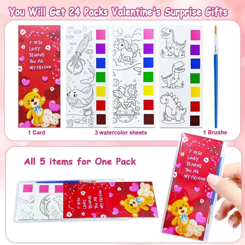 JUNQIU 24 Pack Valentines Day Cards – 72 watercolor coloring pages