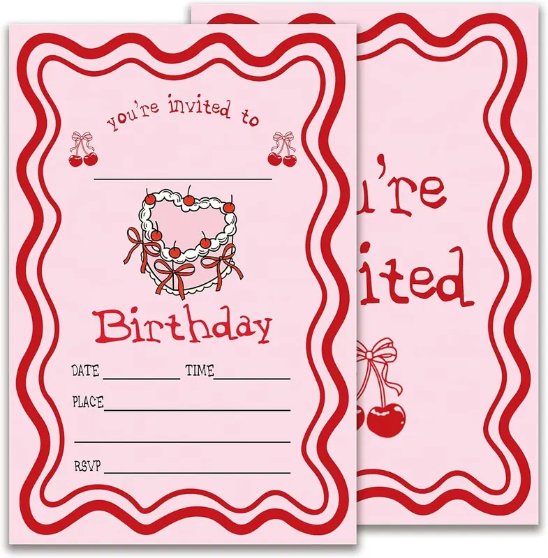 JUPXB Pink Cherry Birthday Invitation in Pink Bow Theme 8