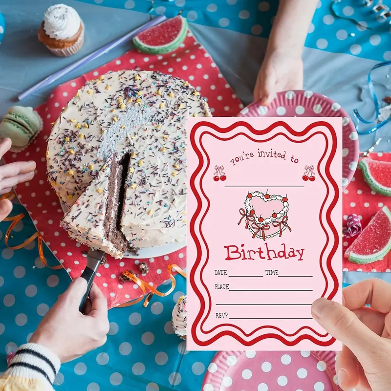 JUPXB Pink Cherry Birthday Invitation – High quality:The invitation cards are made of coated