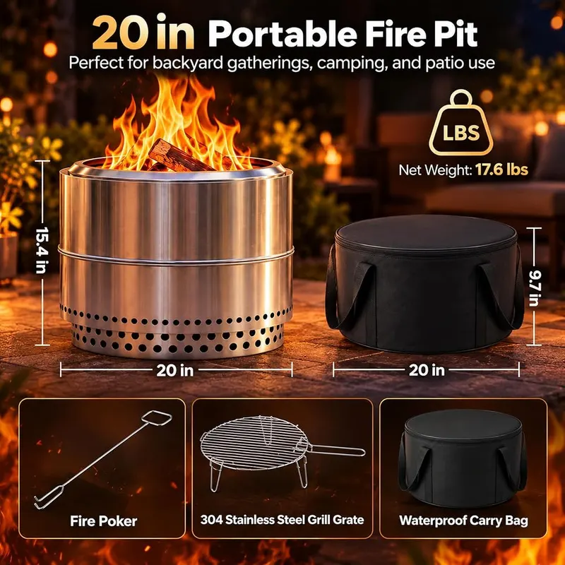 KamerOut 20 Inch Smokeless Fire Pit – Portable Wood Burning Fire Pit with Carrying Bag