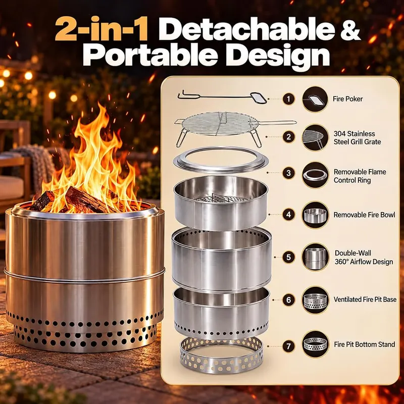 KamerOut 20 Inch Smokeless Fire Pit – Durable Stainless Steel Outdoor Fire Pit Built to Last