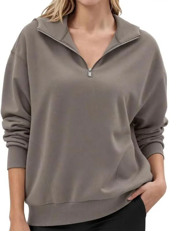 keriffe Womens Hoodies Quarter Zip Pullover Sweatshirt Y2K Light Coffee in Light Coffee