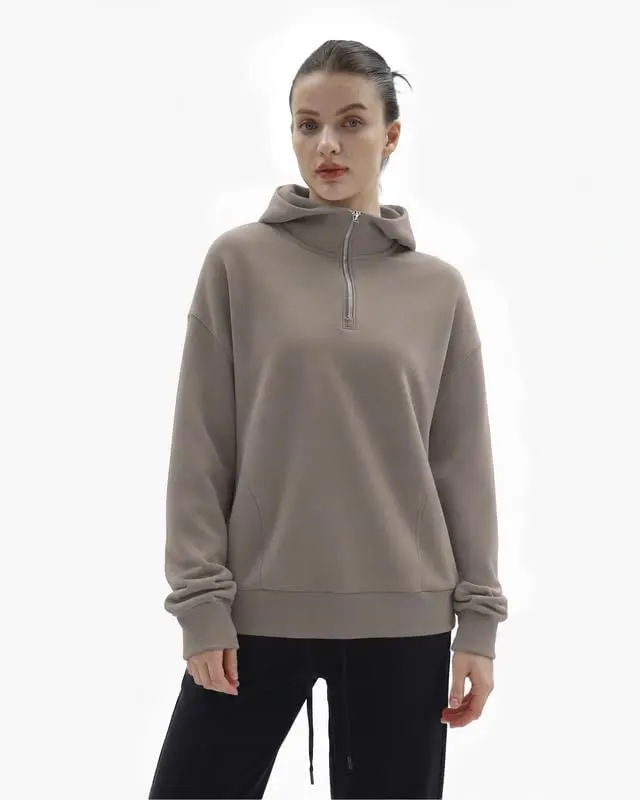 keriffe Womens Hoodies Quarter Zip Pullover Sweatshirt Y2K Light Coffee – Attached hood for extra coverage