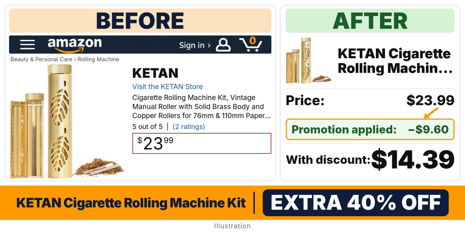 KETAN Cigarette Rolling Machine Kit deal: before and after – promo code J3ECUBJG, 40% off on Amazon