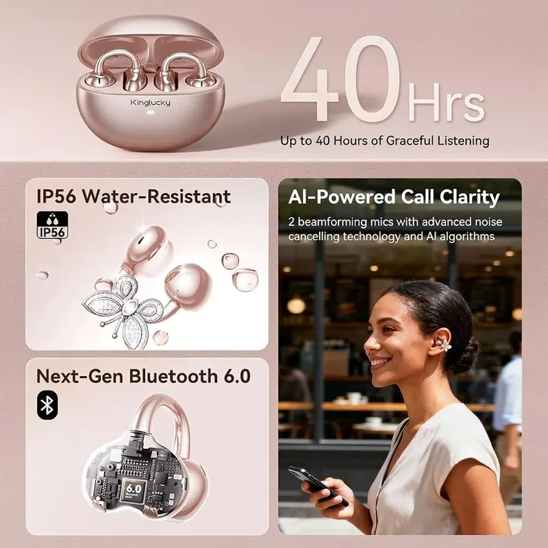 Kinglucky Clip-On Open Ear Earbuds – Built-in mic with noise reduction