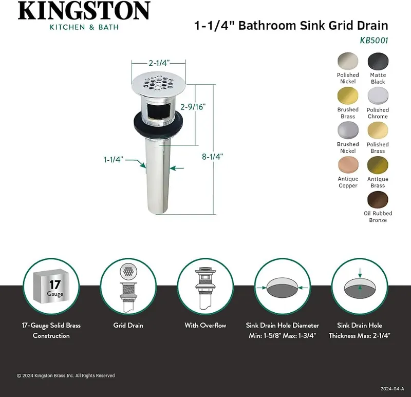 Kingston Brass KB5007 Grid Drain – Premium color finish resist tarnishing and corrosion