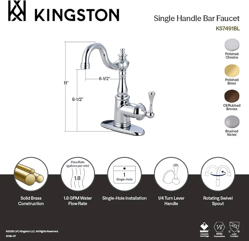 Kingston KS7492BL Single-Handle Bar Faucet – Drip-free ceramic disc cartridge