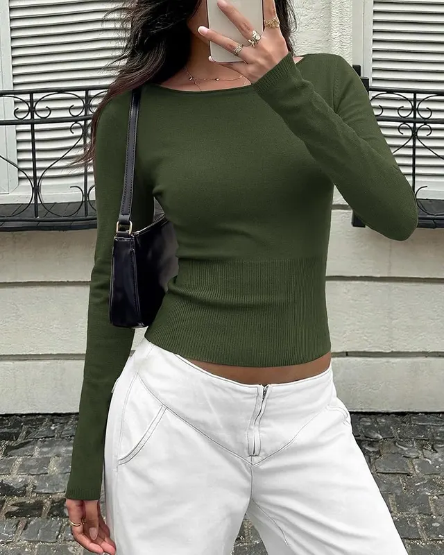 KIRUNDO Boat Neck Sweaters Army Green – Versatile solid army green color