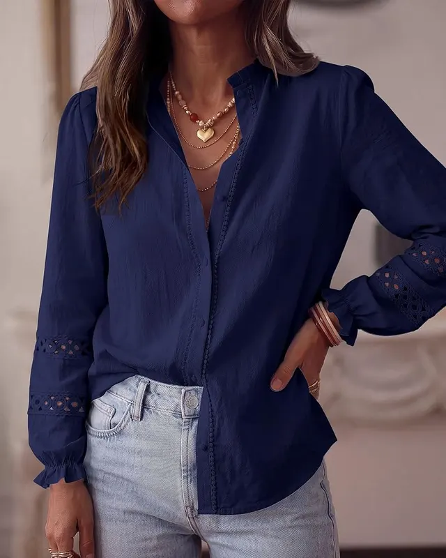 KIRUNDO Eyelet Boho Long Sleeve Button Up – Stand-up collar with shirred edges